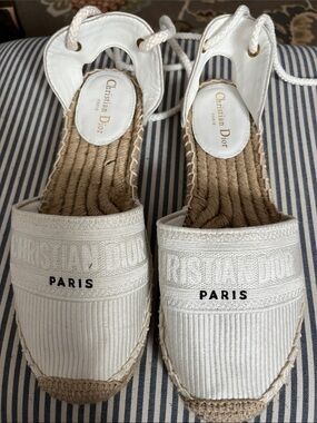 Dior White Canvas PARIS Espadrille Wedge Sandals